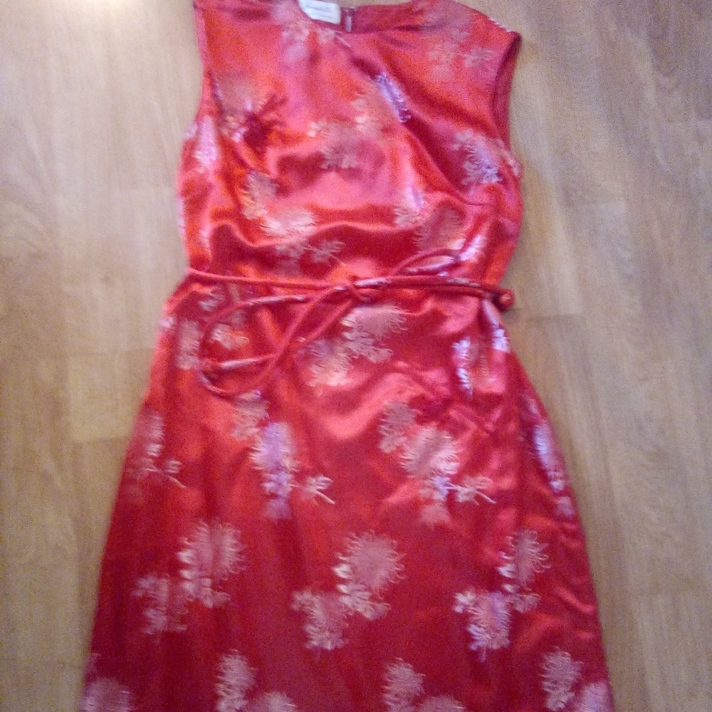 Vtg Satin Like Belted Floral Asian Red Sleeveless Authentic Dress Sz 6